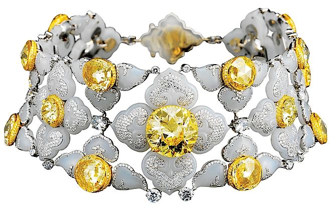 Naszyjnik z żółtych diamentów i białych jadeitów. Bogh-Art czyli kreatywna biżuteria
