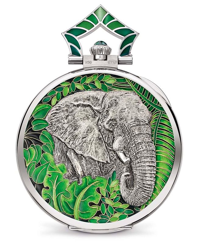 Rewers zegarka kieszonkowego Patek ze słoniem w dżungli, emalia cloisonne, ręczne grawerowanie guilloche