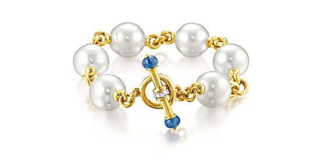 Bransoleta z perłami hodowanymi, szafirami, diamentami i złotem